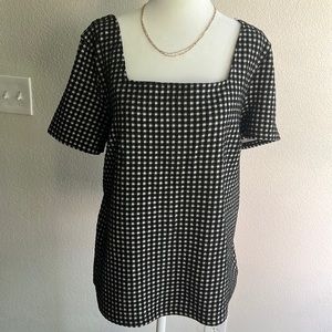 Blue Tassel Black and White Plaid Button Back Short Sleeve Blouse Size XL